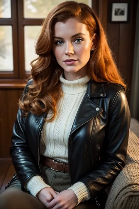 Medium view, of young aged, 30 year old, milf, irish woman, face portrait, irish features,long hair, ginger hair, 1940s hair style, 1940s clothing, black 
leather jacket, in cozy fjord home 1936, sweaty