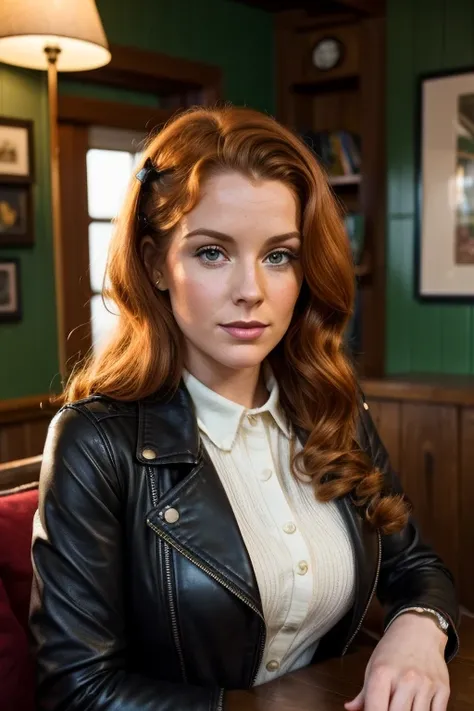 Medium view, of young aged, 30 year old, milf, irish woman, face portrait, irish features,long hair, ginger hair, 1940s hair style, 1940s clothing, black 
leather jacket, in cozy fjord home 1936, sweaty