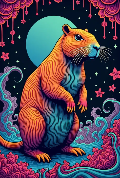 capybara, a beautiful multicolored capybara in woodcut style, psychedelic style, psychedelia style 60s and 70s colors vivid vibrant electric, 1968s style psychedelic