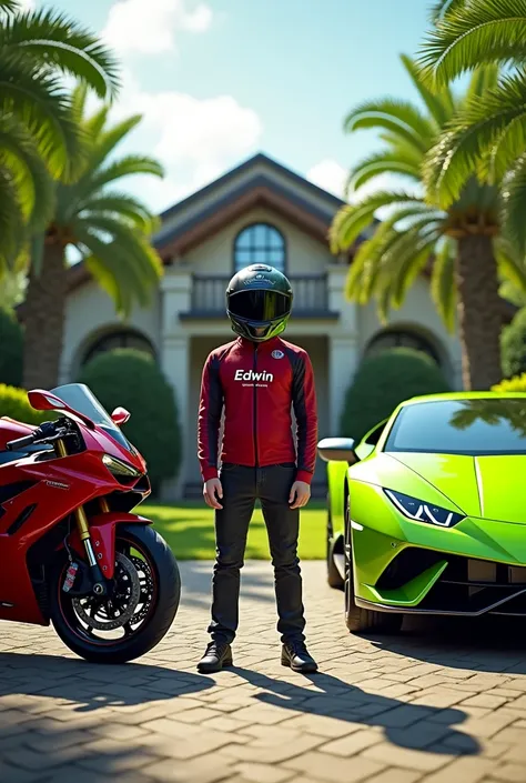 genera una imagen de una motocicleta YAMAHA R1 roja y un auto Lamborghini color verde lechuga con The driver, parado al centro y que en su pecho dThe driver, diga "EDWIN" y que The driver, este con un casco puesto en la cabeza y de fondo de la imagen que t...