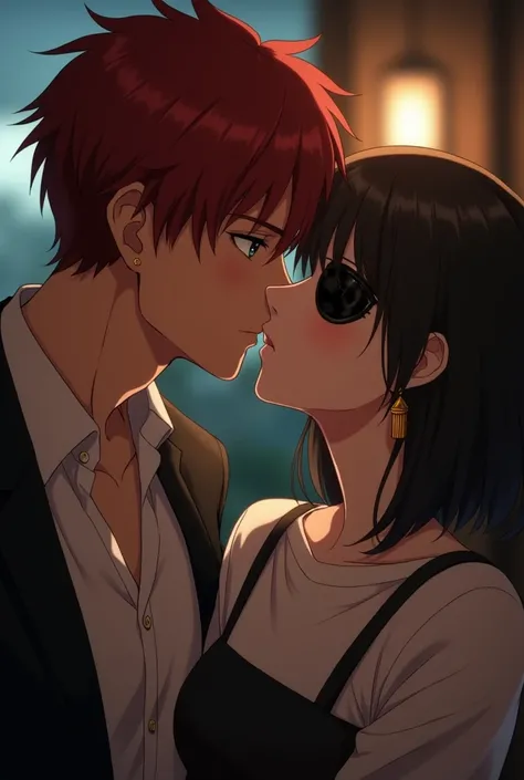 a boy,high school,handsome,dark eyepatch on right side,no bangs,dark red hair color,very short bob hair,double-edged eyelid,smart,wear Japanese gakuran,inner wear is cheongsam t-shirt,angry,cool,gold tassel earrings,during kissing someone