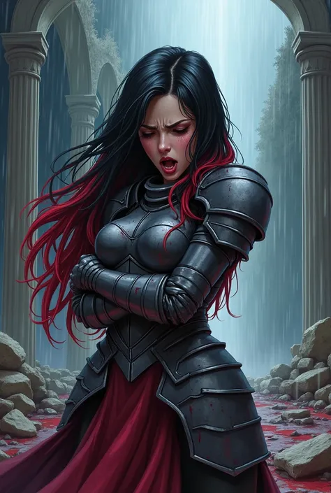 Cartoon a beautiful woman with black hair and red locks crying over body warrioh man who is death of a palace while it is raining, and she is wearing armor and is stained with many  blood whe dont see the man only hiss armour , she screamed from pain of th...