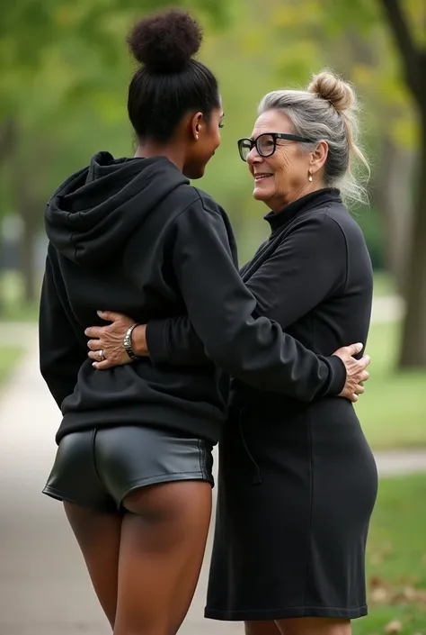 black woman hair in a bun black hoodie black leather short shorts bending over getting fucked in the ass by a old ugly woman in a dress in a park
