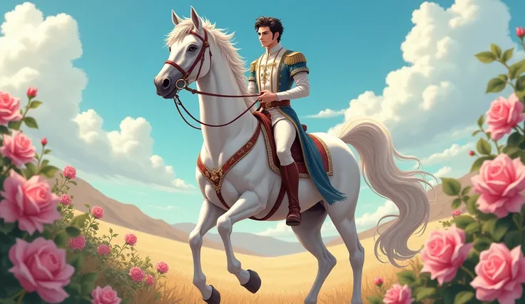 Anime style，The west，White Horse王子，Rose，White Horse，An elegant prince