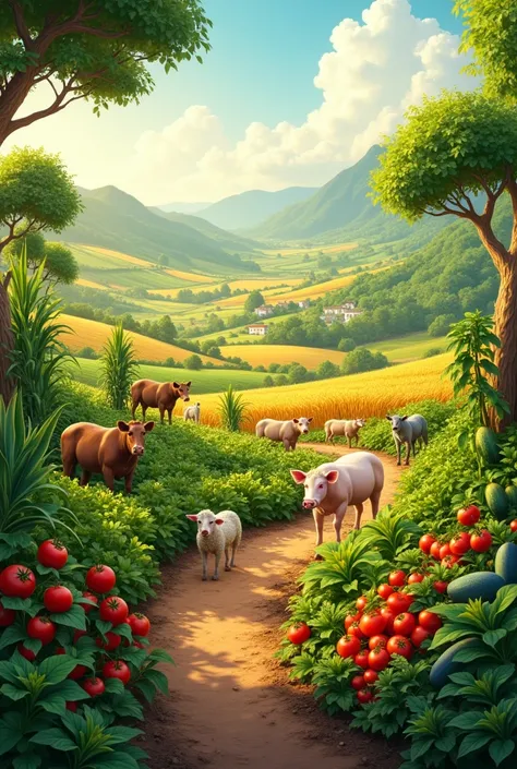 Generate a horizontal Facebook cover image, The main idea is agronomy and livestock, background crops such as corn, tomato, cucumbers, avocado, wheat, etc and cattle like cows, pigs, horses, sheep
