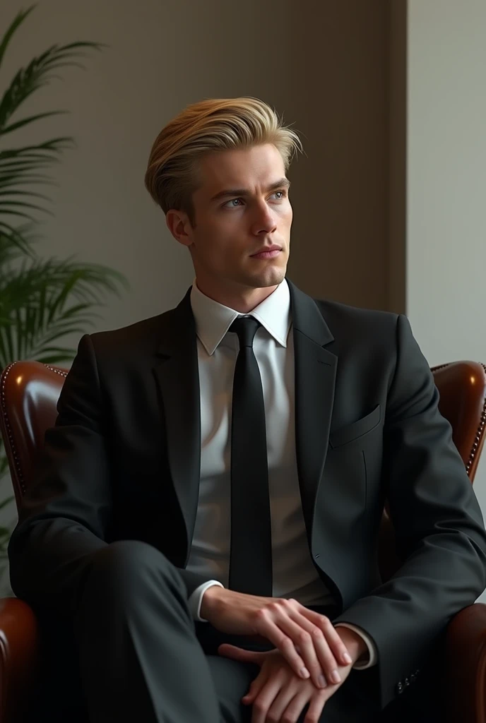 A 2 man has blond hair, is wearing a black suit, is sitting in a chair