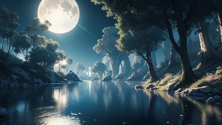 [Ultra-realistic]A serene alien landscape under two moons, soft glowing plants, and a calm river.