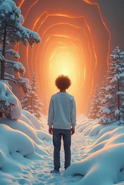 In the middle of the image is a young man, He is wearing a white sweatshirt，Fluffy hair，He looked at the fantasy world created by snow and winter，It&#39;s flat here.，Snow covered everywhere，But it is emitting a sparkling orange light，Perspective Error, Dis...