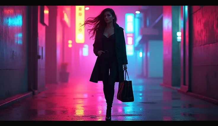 (masterpiece, best quality:1.2), (dark environment, vibrant neon lights:1.3), (woman walking towards light, silhouette glowing with colors:1.3), (straight long hair, black or dark brown:1.2), (hair lightly swaying, reflecting neon lights:1.2), (long coat, ...