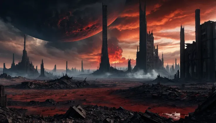 Describe a planet with a landscape of craters, charred wastelands, and war-torn structures. The sky is a bright, ominous red. The landscape features a crumbling skyscraper rising in a desolate, barren desert. The horizon is littered with debris and rubble,...