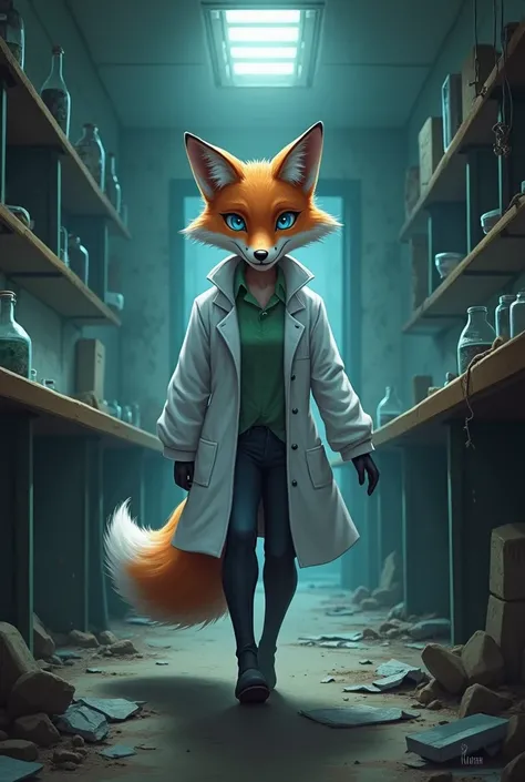 Anthro fox, blue eyes, female, scientist coat, abandoned lab