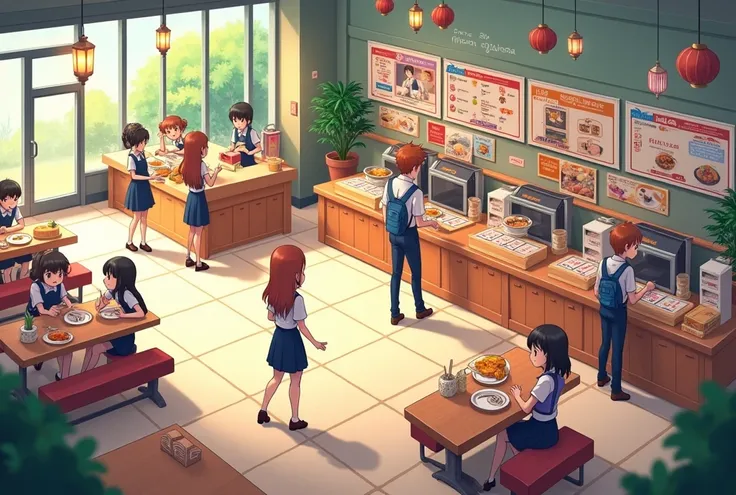 background for 2d game, canteen, anime style