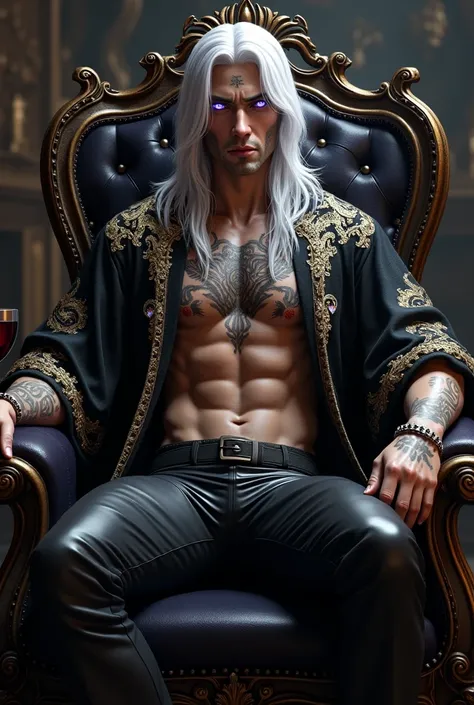 Create a handsome prince of hell, attractive and imposing, details his face, that his jaw be marked. that has long white hair, that has blue-purple eyes, Leave his chest exposed with some symbol tattoos and put him in a long, semi-transparent black robe wi...