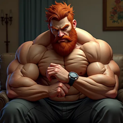 An extremely muscular man, with veins protruding from his powerful muscles, and red hair and beard. He is looking closely at the watch on his wrist to see what time it is., in the background the living room of a house