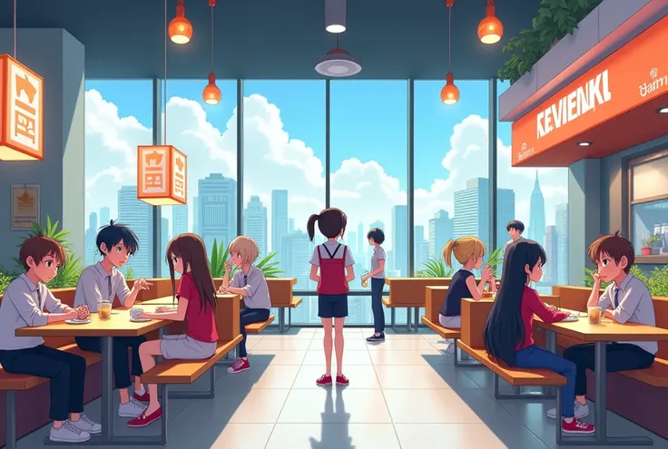 background for 2d game, canteen, modern, anime style