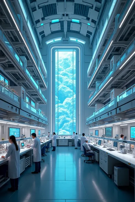 Best hyper realistic open nature interacted themed biopharmaceutical laboratory advanced inside view with multiple equipments specimens scientists employees in work pose busy in their action and futuristic theme experiment and creating api and drugs show i...