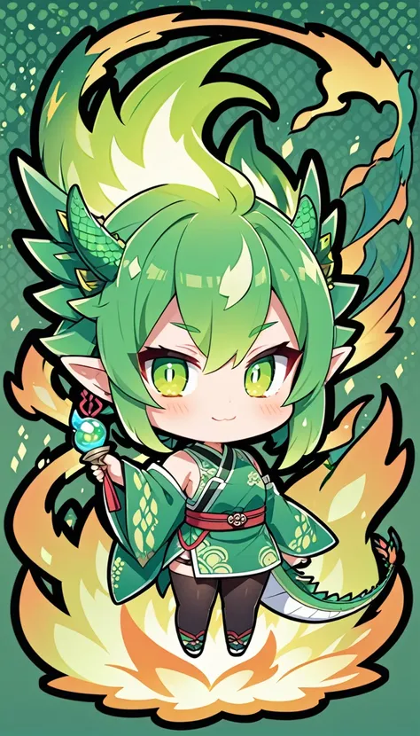 A deformed character of a green fire dragon.、Chibi character style in Japanese anime style