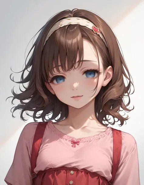 (score_8, score_8_up,source_anime,masterpiece,highest quality,Perfect Anatomy,Exquisite detailed:1.1)(realistic skin:1.2)(realistic:1.2)sakuma mayu,half-closed eyes,blue eyes,brown hair,medium hair,airy hair,hair band,empty eyes,pink shirt,red skirt,yander...