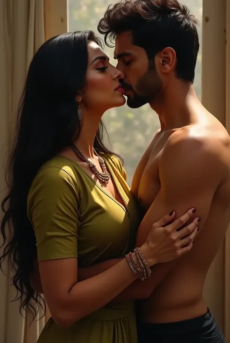 50 years old indian woman, long balack hair, in golden green blouse, showing her cleavage, kissing with 20 years old  boy, boy kissing on her chest, and press her boobs.