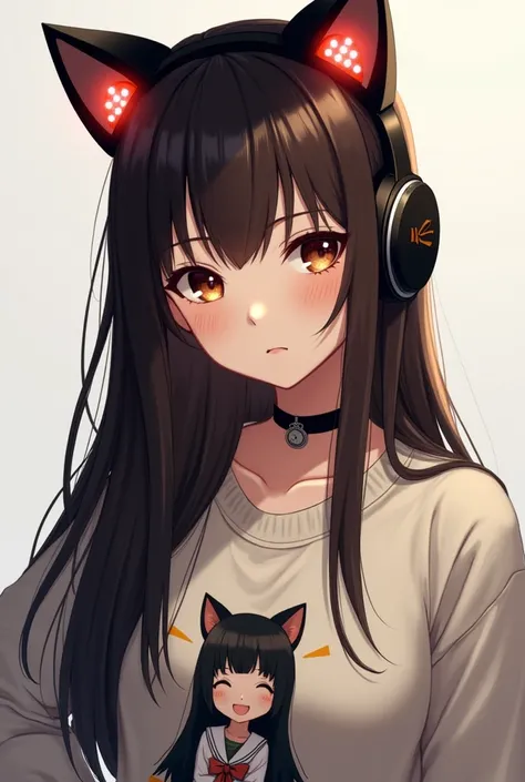  realistic half Chinese and half Brazilian with bangs and straight dark brown hair long to hip, wearing a black cat ear headphone with lights, wearing a sweatshirt with a print of Itadori from Jujutsu Kaisen