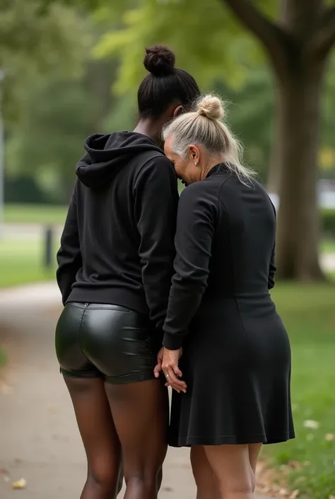 black woman hair in a bun black hoodie black leather short shorts bending over getting fucked in the ass by a old ugly woman in a dress in a park
