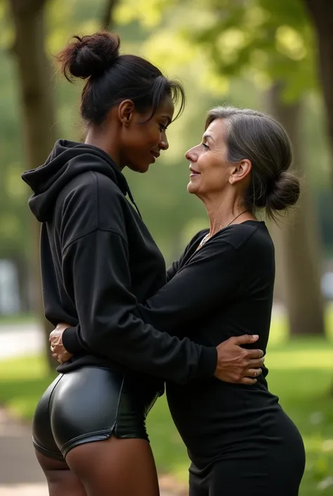 black woman hair in a bun black hoodie black leather short shorts bending over getting fucked in the ass by a old ugly woman in a dress in a park
