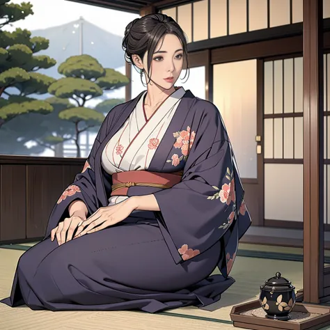 individual，Japanese Hairstyle，Photorealism，detailed，masterpiece，Mature，Beautiful women，Large Breasts，Kneel down，kimono，Japanese-style house，Tea Ceremony