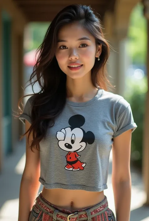 Thai women,Age 36,beautiful face,piquant,Eye-catching,Perfect eyebrows, eyes, nose and mouth,Smooth white skin,Gray T-shirt with cartoon pattern,1 person,Perfectly beautiful shape,sexy,Big hips,It is eye-catching.,Standing full body,sandals,High quality ph...