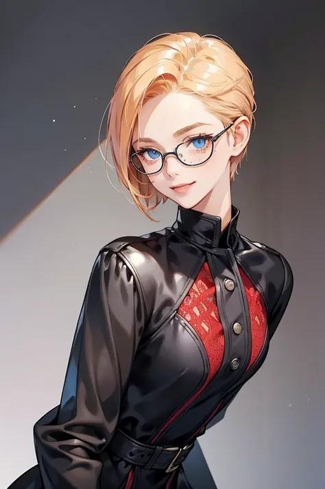 A petite young woman with strawberry blonde short hair pulled back, revealing her bright blue eyes behind stylish glasses. She has a playful, sly smile and her face is sprinkled with freckles. She is dressed in a sleek black office dress that is profession...