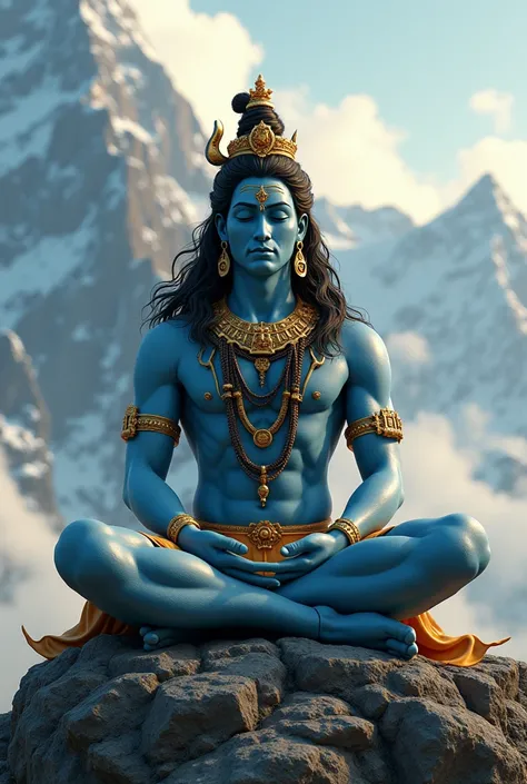 Lord shiv sitting on mountains meditating and wearing gold jewellery