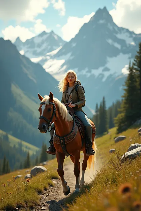 Jeune fille blonde de 20 ans, geek, sur un cheval dans un paysage montagneux