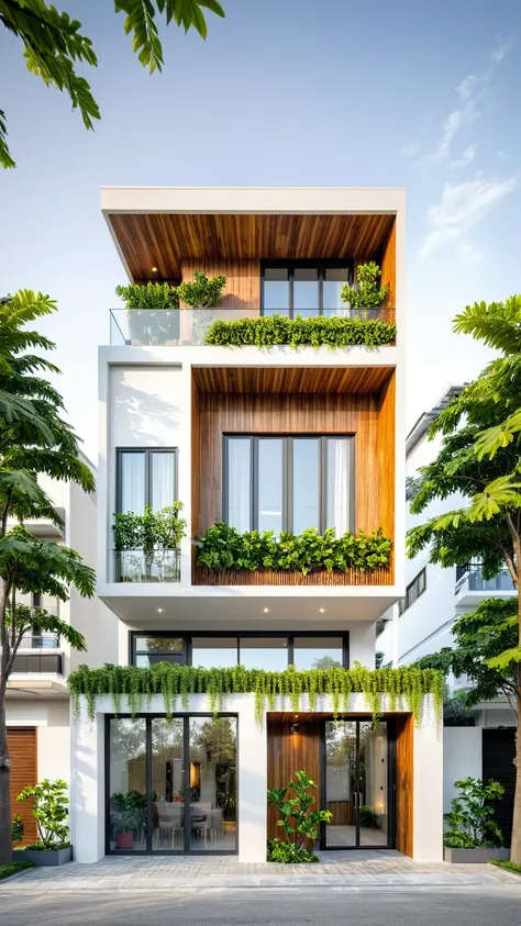 modern townhouse on street, (sunset), tropical tree, vivid colour, streetcapes, white tone, (white wall), large glass door, (war...