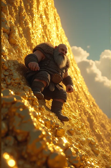 A dwarf climbing a mountain of gold
