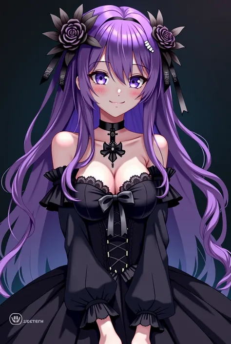 Photo of a beautiful girl in a gothic dress, Detailed face, purple hair, looking at camera, Anime images, , High quality