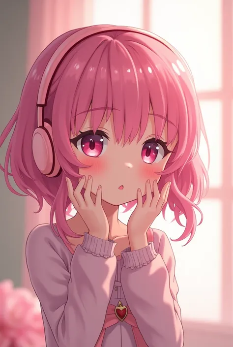 Anime girl, cute, pink hair, pink eyes, pink headphones, blushing, embarrassed, making love