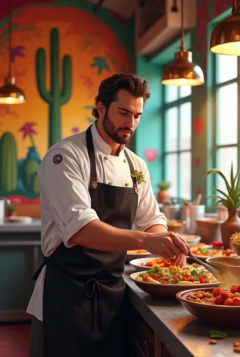 A handsome 2 cook at a Mexican food restaurant
