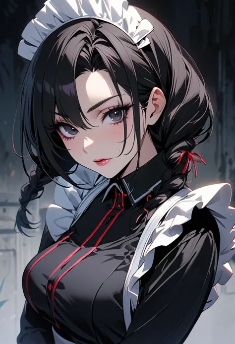 girl, mature, black hair, black eyes, beautiful, beautiful eyes, beautiful color, high detail, low double plait hair, maid, cool, villian
