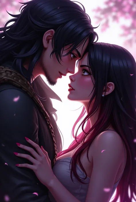 a beautiful woman with black straight hair with red strands passionately kisses a man with a head higher than her, a warrior, with black hair with violet strands, they are both beautiful