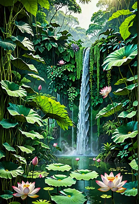 I want to create a realistic photo of a dense jungle with a range of green colors in its trees and a super realistic waterfall that comes out of the jungle and ends in a lake with flowers and grass around it and in the lake beautiful lotus flowers.