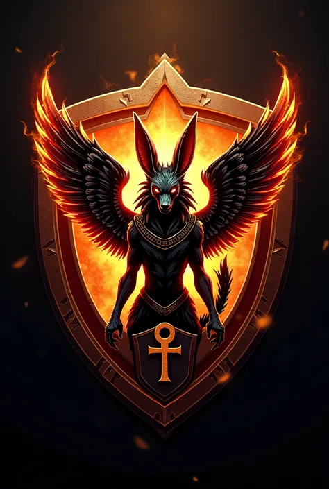 ((best qualityer)), ((work of art)), (detailded), create a gamer logo with the character egyptian god anubis, The logo must have a coat of arms with the character in front of the front bust, e o nome escrito ANUB☥S a letra i te que ser substituidada pela C...