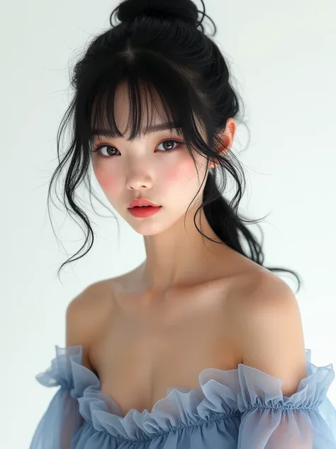 real photograph, (masterpiece), (highest quality), (Super detailed), (messy hair), (shape), (one japanese girl), (fashionable off shoulder dress), Are standing, Fashion Model, (interview), (simple white background), fine and beautiful eyes, delicate beauti...