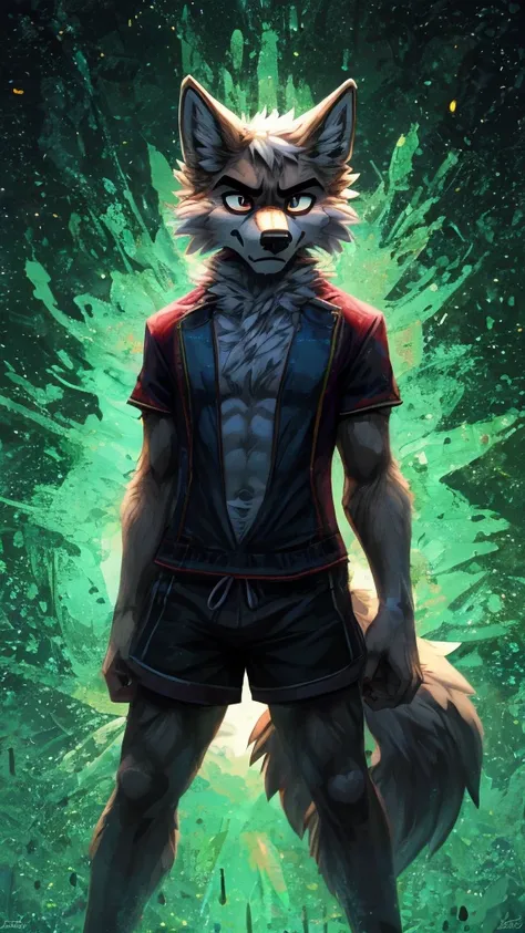 correctly eyes, clotheless, wearing shorts, wolf with white chest fur, detailed fur, looks disturbed, focused eyes, disturbed fa...