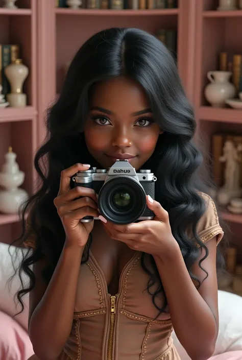 (photorealism:1.2), beautiful woman, with angelic face, with a camera, dark-skinned, with big dark brown eyes, with perfect makeup, Long hair, wavy and black, with a background of a pink room full of books, teacups and dolls and she wears an elegant rococo...