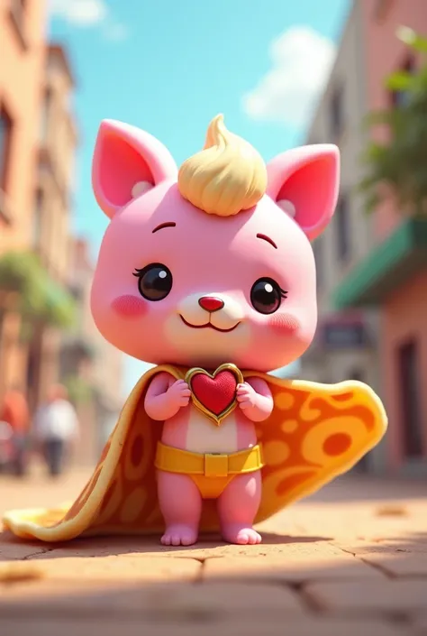 mascot characters pink character who loves pancakes very much cream on his head and a little realistic character he has a cape made of pancakes and he is a cute superhero 