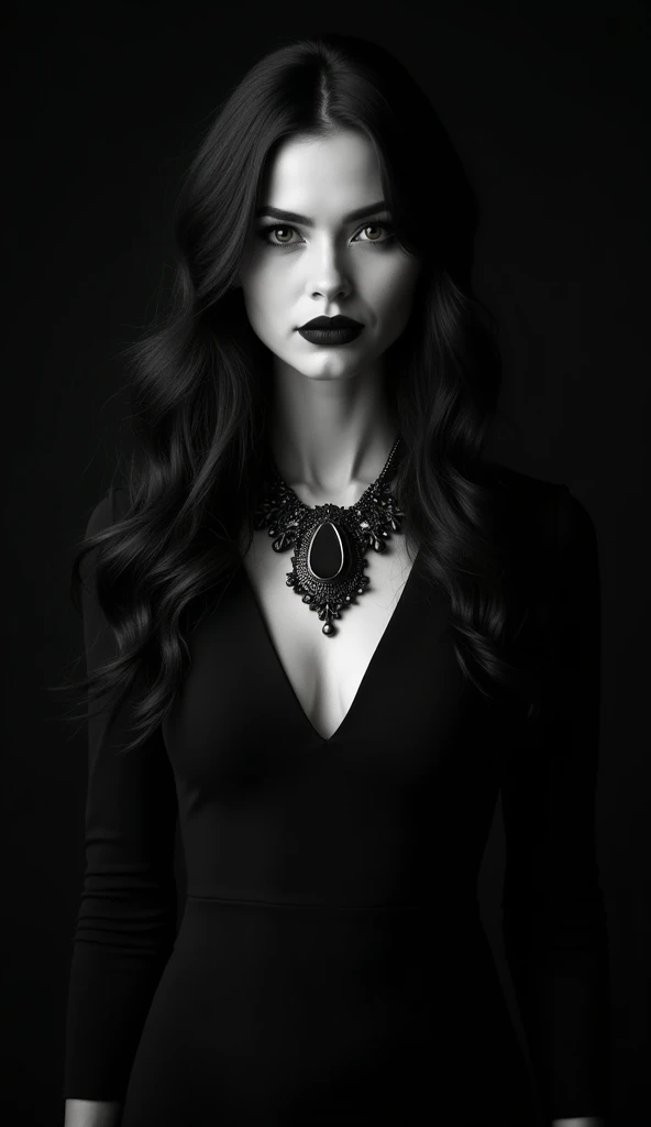 This image is a portrait of a woman taken in black and white against a pitch black background. The woman is wearing a pitch black dress with a large necklace on it. Her hair is long and her eyes give a strong impression. The overall atmosphere is dark, but...