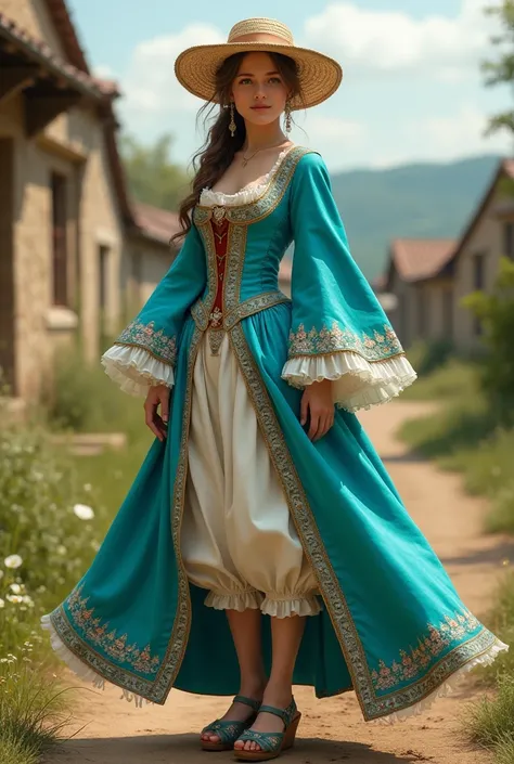 A 1.5 meters tall girl in her 20s wearing: wide knee-lenght breeches, a wide open cyan justacorps with wide sleeves and cuffs, a corset , clogs with wedges, a straw hat
