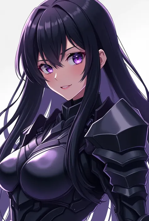 female, long straight black hair, dark violet eyes, black battle armor, slight smirk, strong, anime character