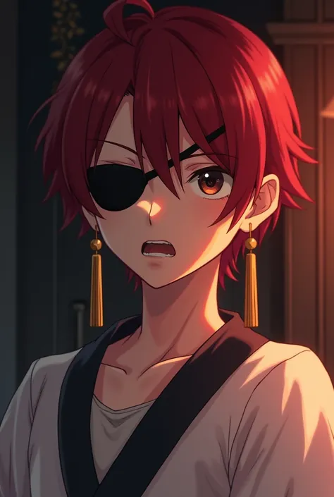 a boy,high school,handsome,dark eyepatch on right side,no bangs,dark red hair color,very short bob hair,double-edged eyelid,smart,wear Japanese gakuran,inner wear is cheongsam t-shirt,angry,cool,gold tassel earrings,during making love