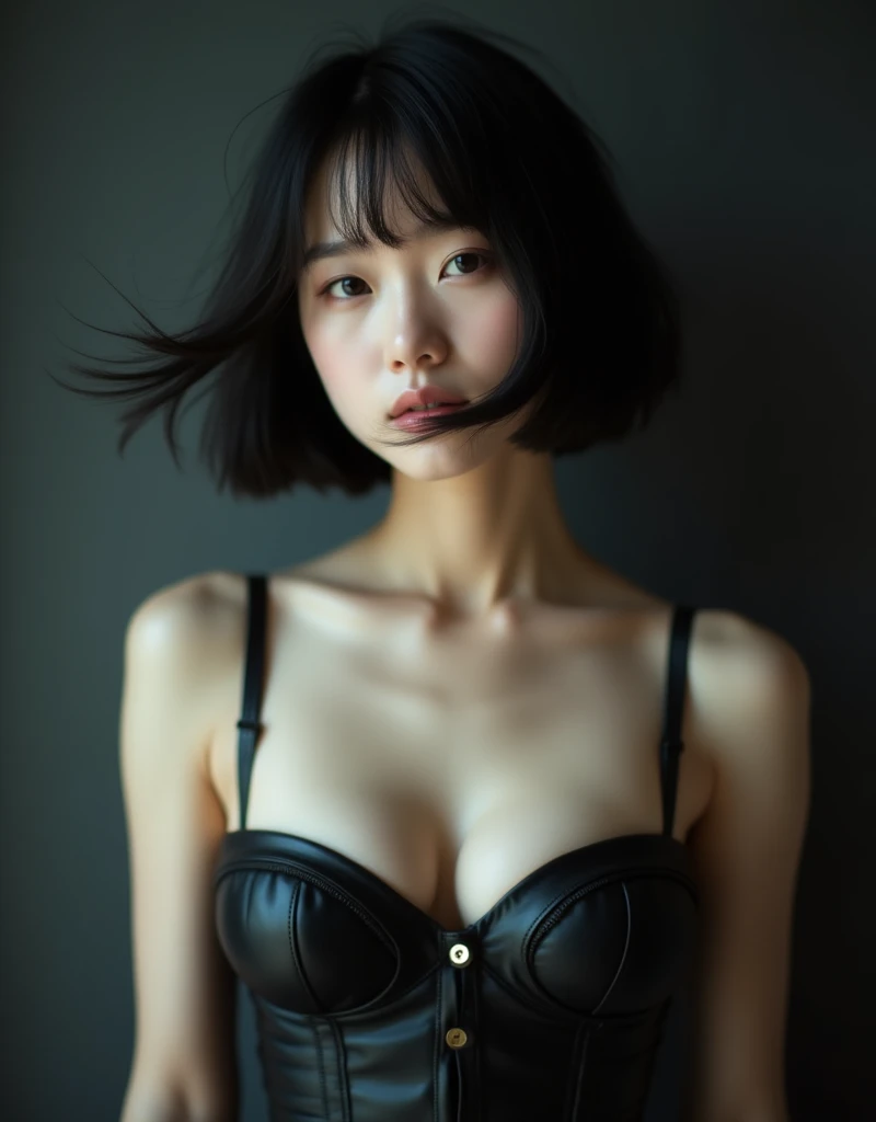 real photograph, Dreamy atmosphere, Studio shot、Upper body portrait、Angle from below、(Black leather corset:1.4), (Big and ample breasts:1.6), Focus on the chest、Slim Body Enhancement、Realistic、Highly detailed cute girl、alone、1、Japanese、pretty face, Big and...