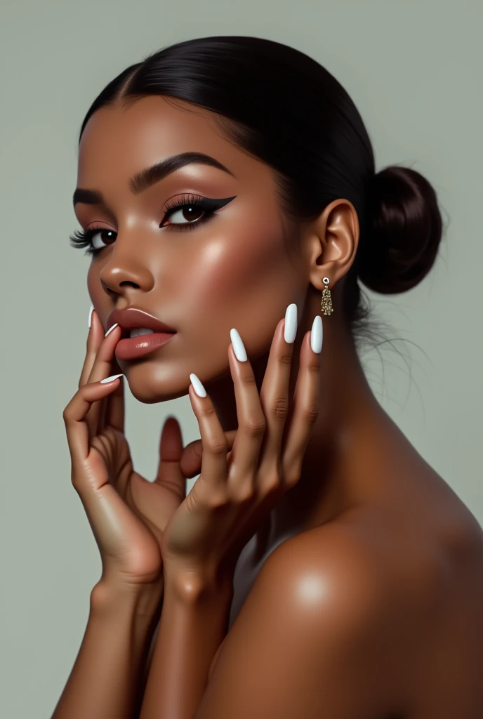 Create a naked brown woman with white painted feet and fingernails and really good and lots of make-up